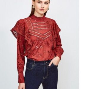 Karen Millen Blouse Size US4 Womens Brick Red Broderie Annaliese​​